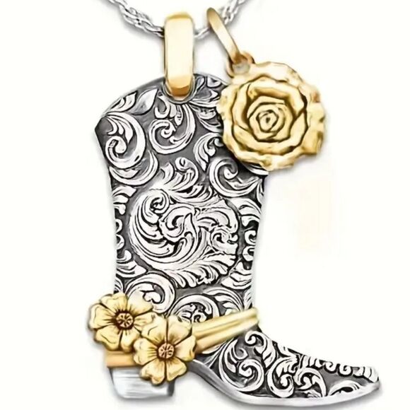 Silver Carved Flower Cowboy Boot Pendant Necklace Fashion Accessories - Picture 3 of 8